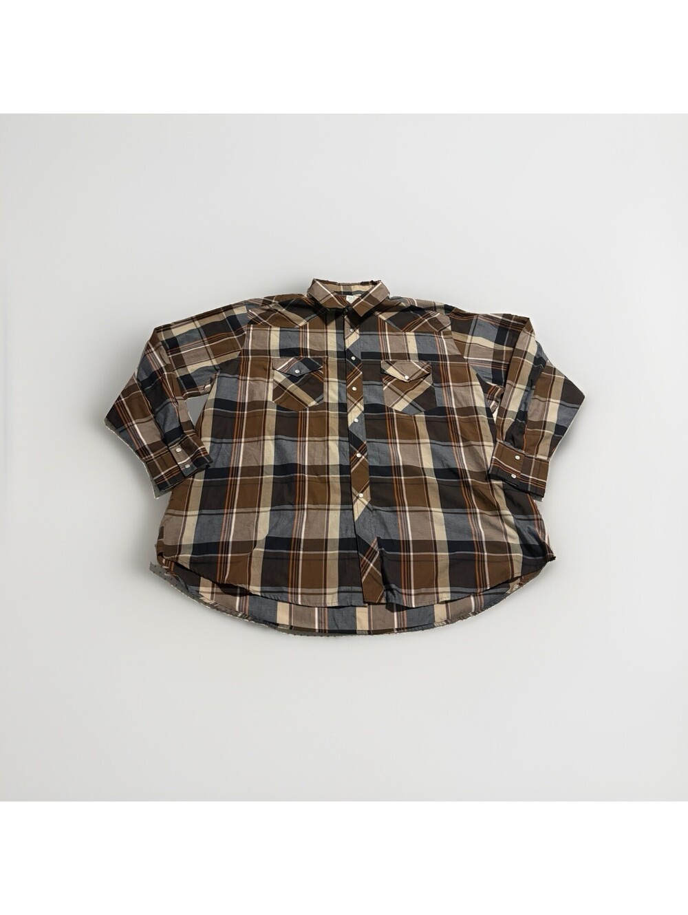 Vintage Wrangler Mens XXL Plaid Western Pearl Snap Shirt Brown Tan Made in USA